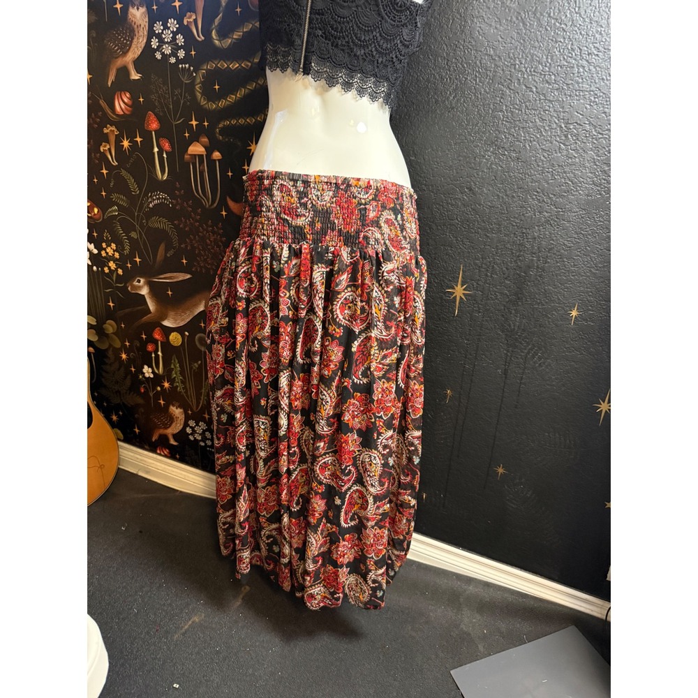 Jackpot Womens Paisley Floral Maxi Skirt Red Black Smocked Waist Boho India